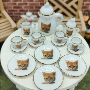 Miniature Tea Set Cat Pattern‎ Dollhouse Kitchenware Ceramic New
